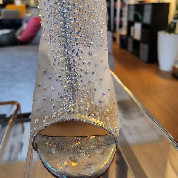 Christian Louboutin Ondessa Open Toe Stiletto Bootie Silver Nude Mesh Diamonds - Picture 12 of 15